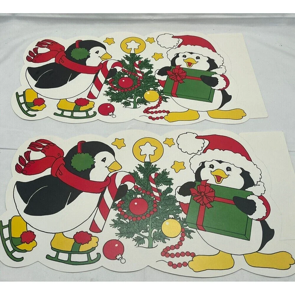 Vintage Eureka 2 Penguins Die Cut Christmas Decorations Double Sided 15” X 8”
